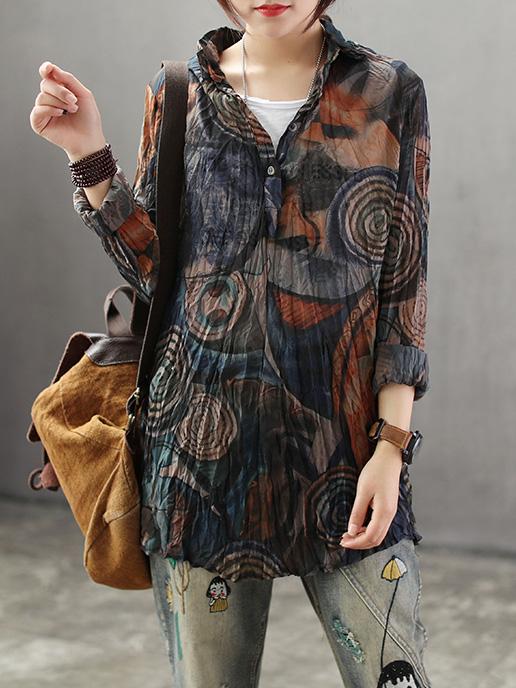 High-low Vintage Loose Printed Blouse Top