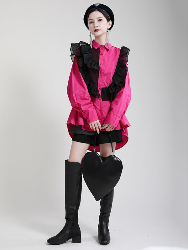 Stylish Irregular Contrast Color Split-Joint Falbala Mesh Drawstring Buttoned Lapel Collar Long Sleeves Blouse