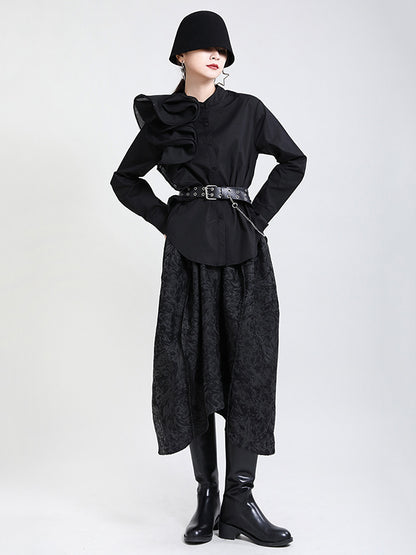 Stylish Falbala Split-Joint Solid Color Buttoned Stand Collar Long Sleeves Blouse