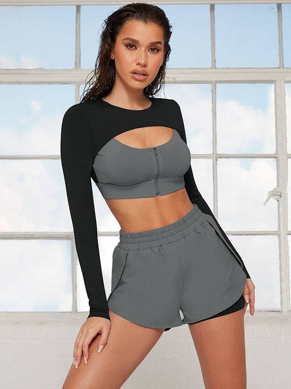 Split-Joint Bust Cut Out Long Sleeves Tees&Shorts Suits