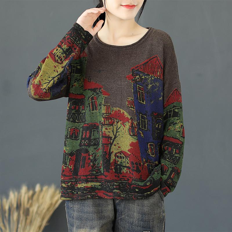 Buykud Print Long Sleeve Comfortable Breathable Sweater