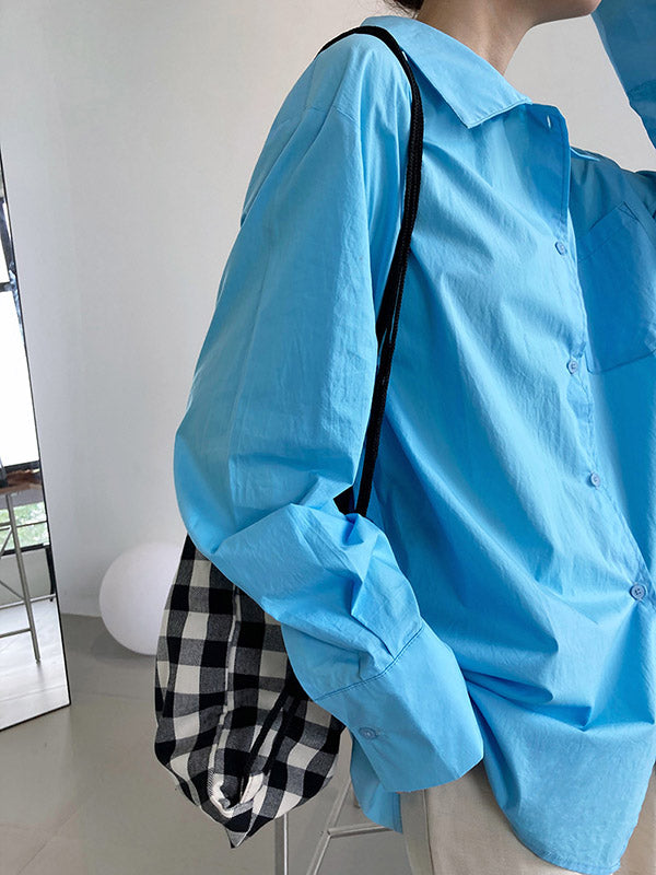 Simple Solid Color Split-Joint With Pocket Buttoned Lapel Collar Long Sleeves Blouse