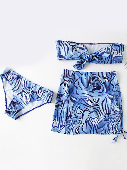 Ripple Printed Padded Bikini Swimwear+Drawstring Cover-Ups Skirt Three-Pieces Set