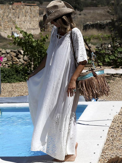 White Hollow Split-joint Maxi Dress