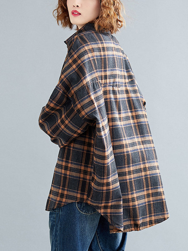 Artistic Retro Plaid Buttoned Lapel Collar Long Sleeves Blouse