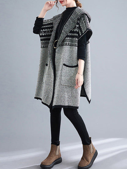 Artistic Retro Loose Casual With Pocket Hooded Short Sleeves Cardigan Outwear