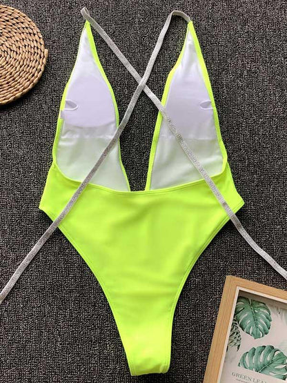 Plain Lace Up Backless One Piece Swimsuit