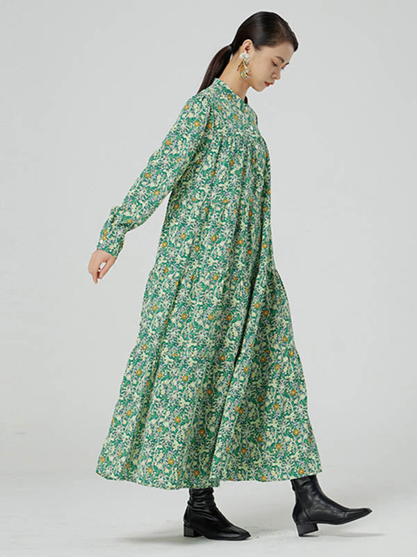 Original Buttoned Floral Printed Stand Collar Long Sleeves Loose Midi Dress