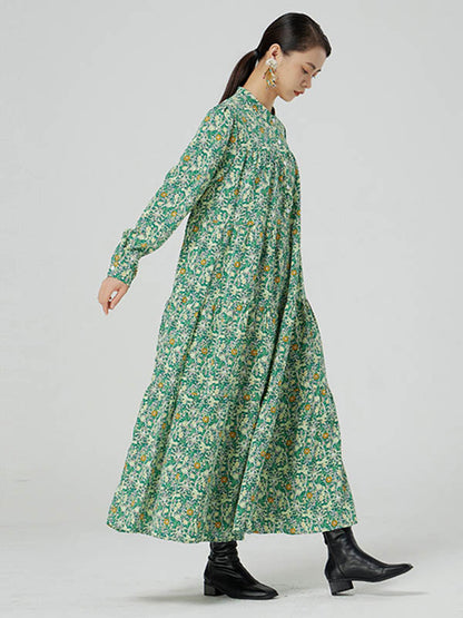Original Buttoned Floral Printed Stand Collar Long Sleeves Loose Midi Dress