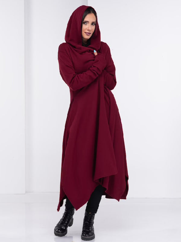 Simple Loose Coffee&Burgundy Split-Side Long Sleeves Hooded Outerwear