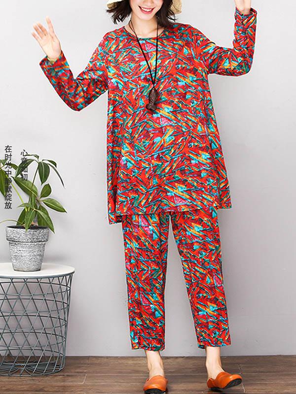 Red&Green Printed Round-neck T-shirt+Pants Suits