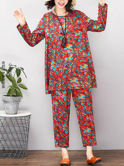 Red&Green Printed Round-neck T-shirt+Pants Suits