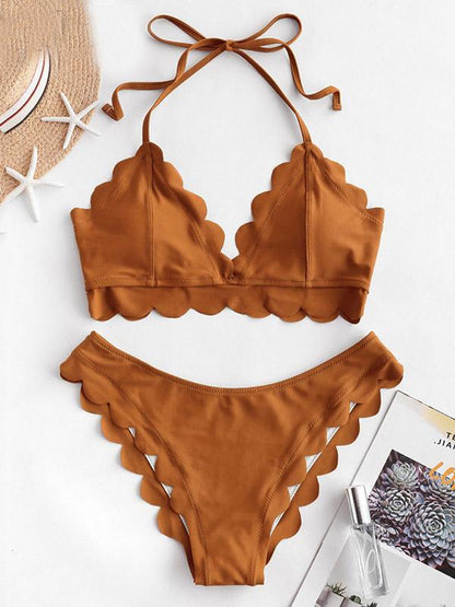 Solid Color Scalloped Bandage  Split Bikini Swimsuit