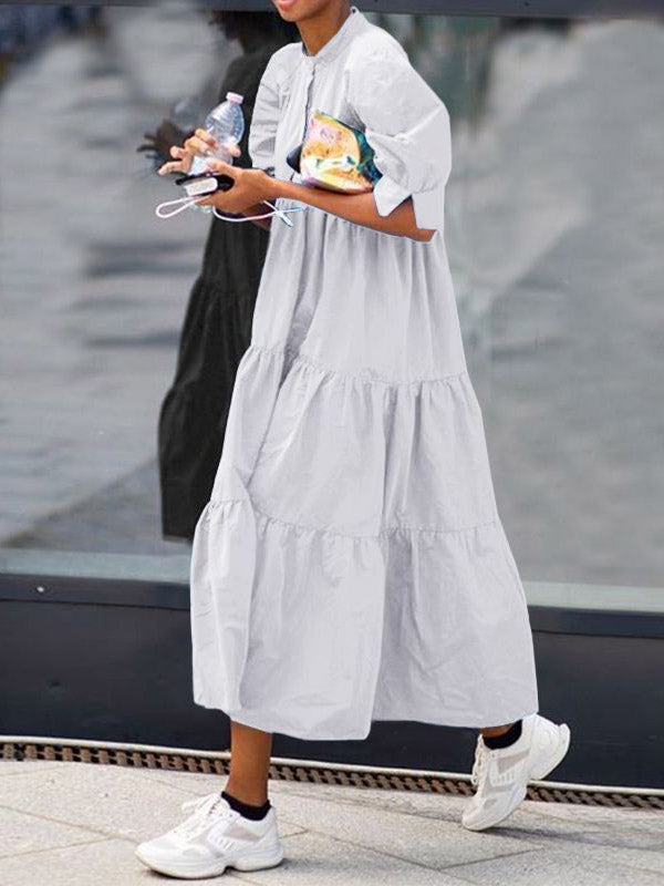 Original Solid Color Split-Joint Pleated Buttoned Stand Collar Half Puff Sleeves Midi Dress