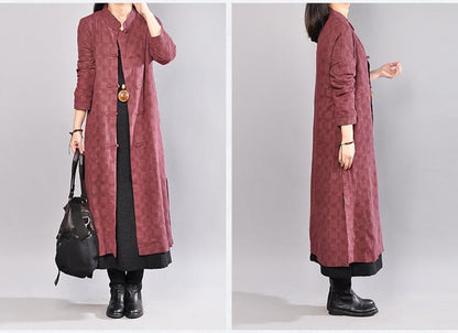Casual Stand Collar Single Breasted Lattice Wine Red Coat