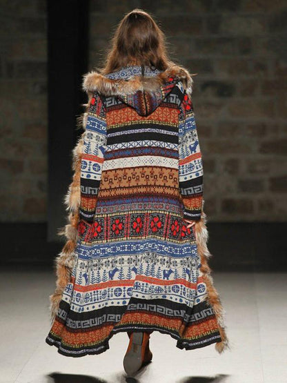 Printed Artificial Fur Hooded Outwears