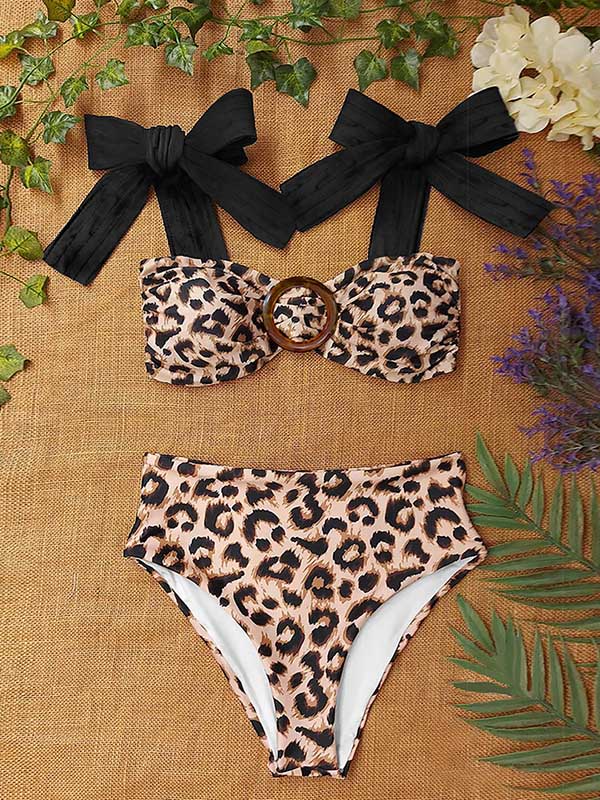 Leopard Printed High-Waisted Bowknot Bikini Swimwear