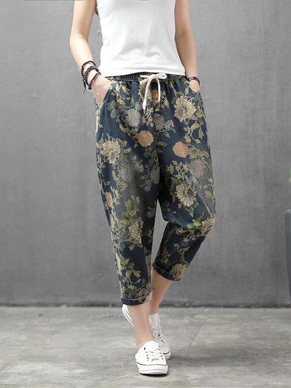 Vintage Summer Loose Printed Jean Pants Shorts
