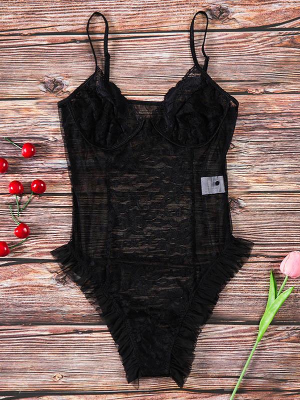 Sexy Hollow Ruffled Bodysuit Lingerie