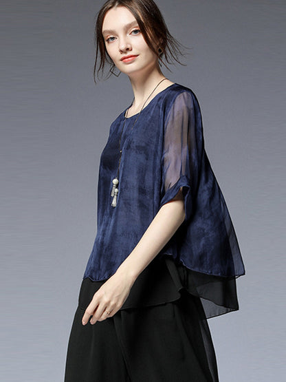 Artistic Retro Mulberry Silk Loose Printed Round-Neck Half Sleeves T-Shirt Tops