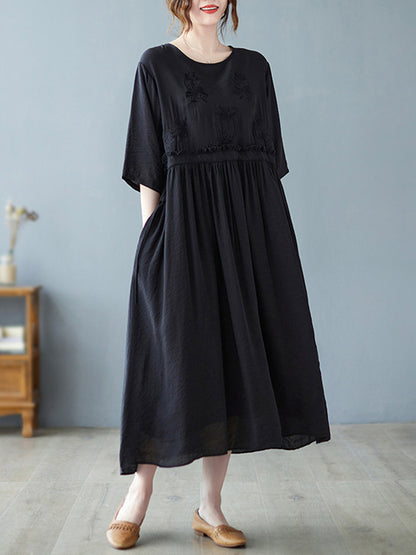 Artistic Retro Loose Solid Color Embroidered Drawstring Midi Dress