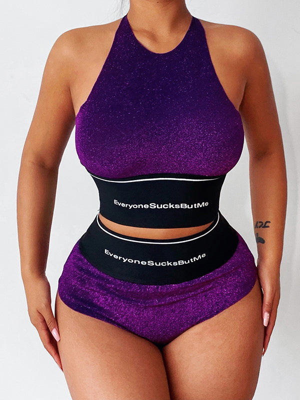 Casual Contrast Color Letter Print Sports Bra&Shorts Suits