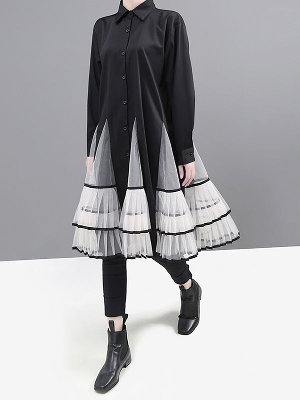 Loose Stitching Mesh Lapel Dress