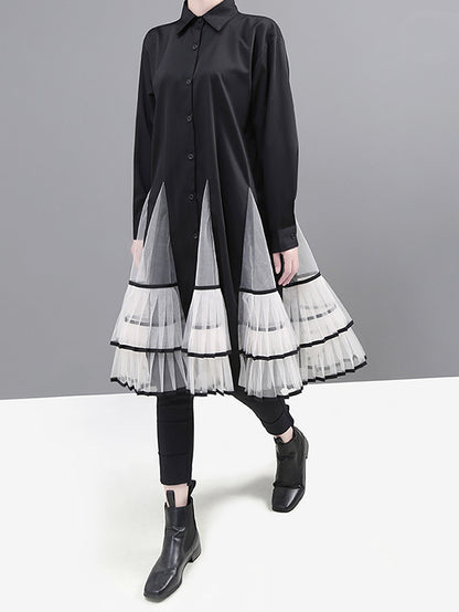 Loose Stitching Mesh Lapel Dress