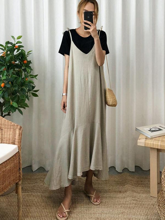 Cropped Loose Ramie Cotton Spaghetti-neck Midi Dresses