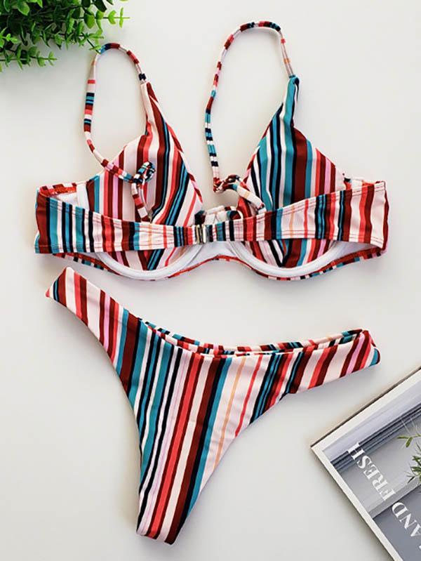Striped-Print Underwired Split Bikini Swimsuit