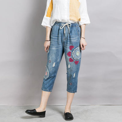 Casual Appliques Frayed Light Blue Jeans