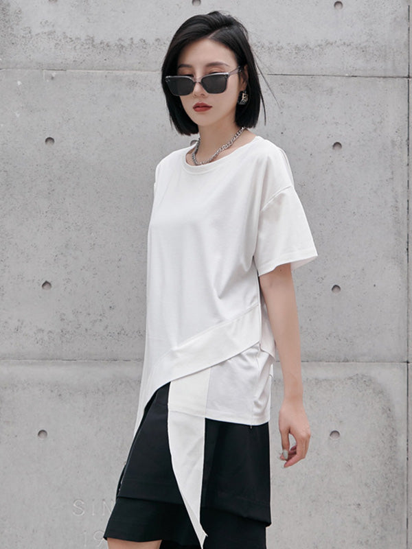 Original Black&White Asymmetric Round-Neck Short Sleeves T-Shirts