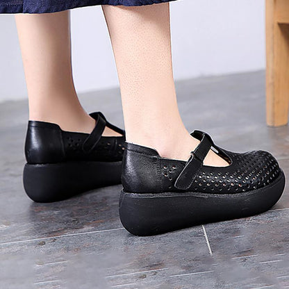 Buykud Fashion Summer Round Toe Leather Wedge Sandals
