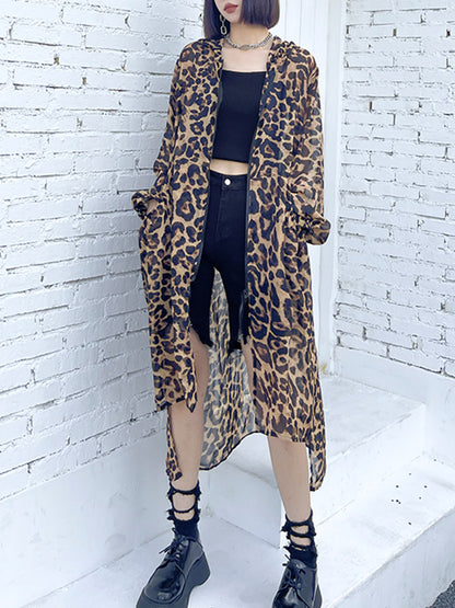 Original Leopard Zipper Split-Side Hooded Long Sleeves Sun-Protection Outerwear