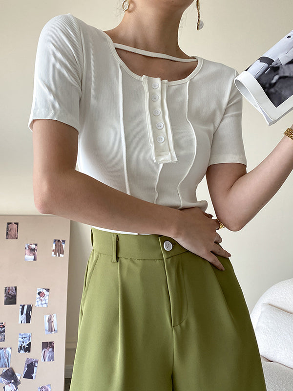 Original Stylish Solid Color Buttoned Skinny T-Shirt Top