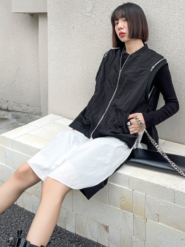 Cool Street Split-Joint Zipper Buttoned Round-Neck Sleeveless False Two Vest Outwear