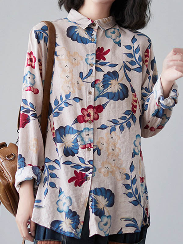 Artistic Retro Floral Printed Buttoned Lapel Collar Long Sleeves Blouse