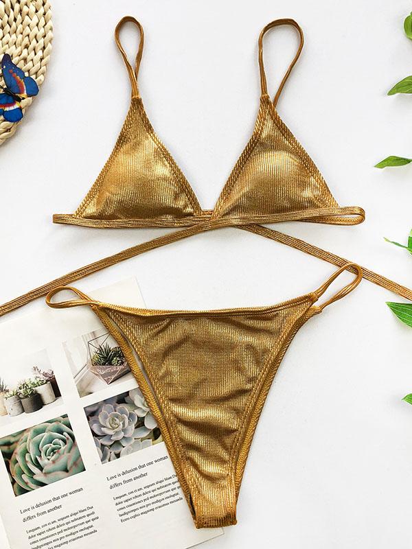 Spaghetti-Neck Bandage Split Type Bikini Swimsuit