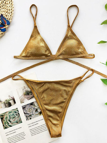 Spaghetti-Neck Bandage Split Type Bikini Swimsuit