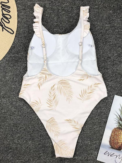 Leaves Printed Ruffle One-Piece Swimsuit