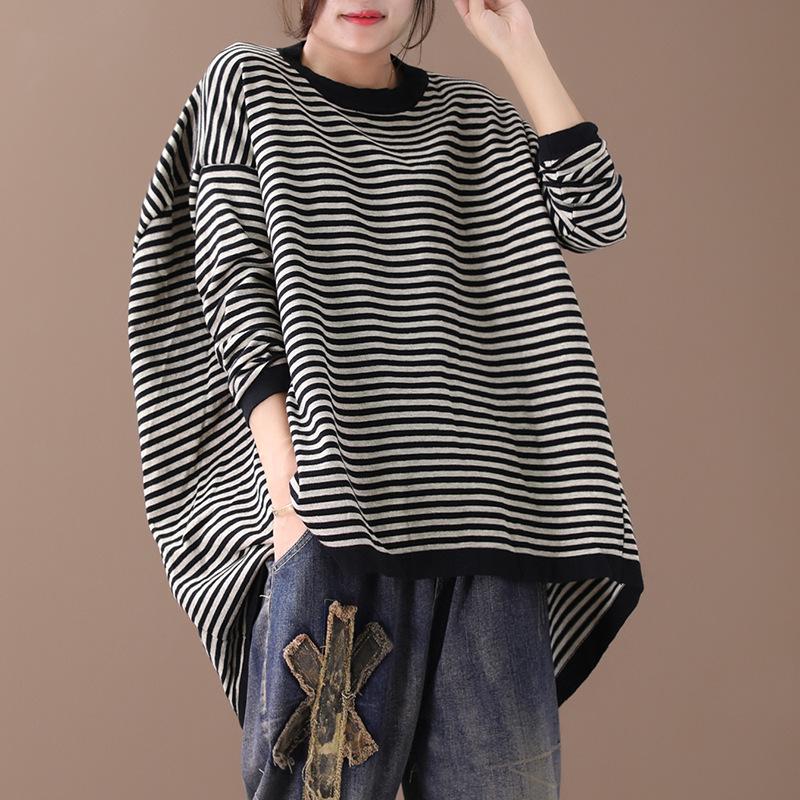 Buykud Ultra-loose Classic Striped Round Neck Blouse