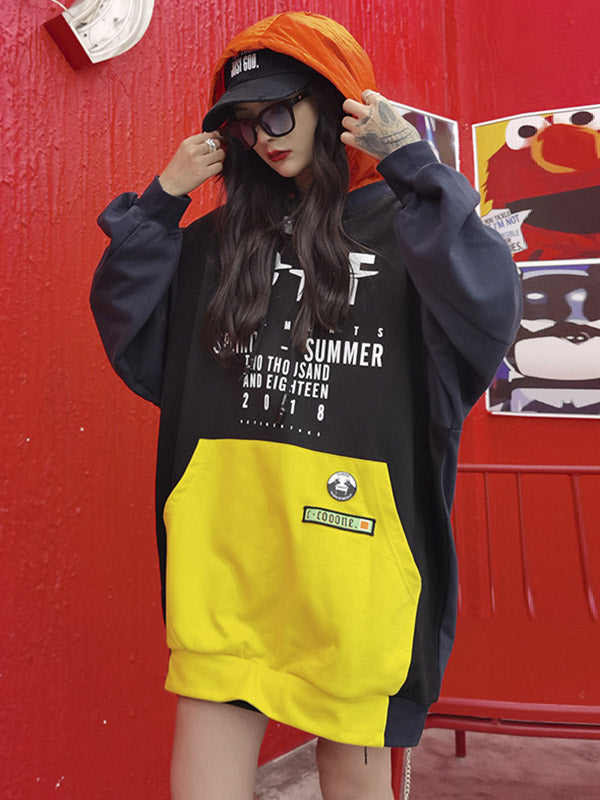Original Split-Joint Contrast Color Letter Printed Batwing Sleeve Drawstring Hoodies
