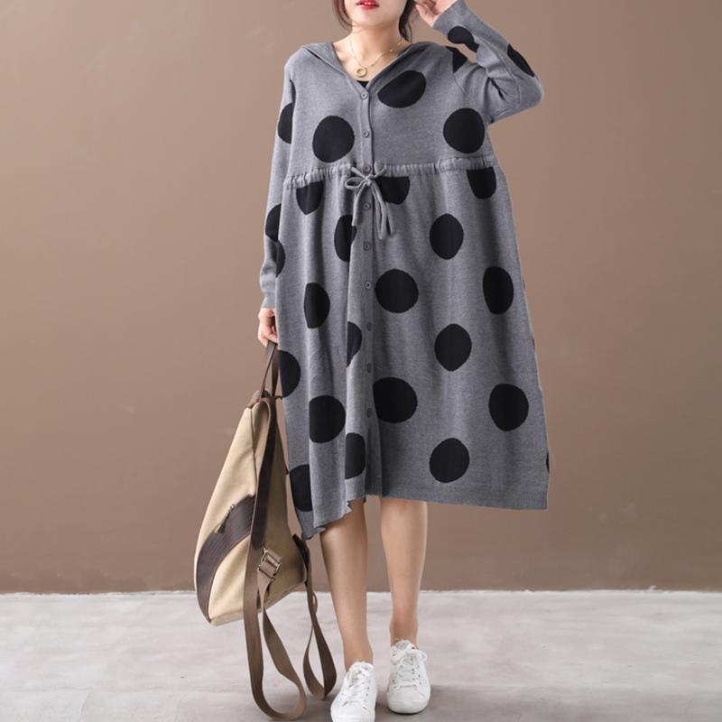 Buykud Literary Polka Dot Drawstring Comfortable Hooded Dress
