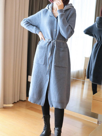Casual Loose Solid Color Split-Joint With Pocket Buttoned Drawstring Hooded Long Sleeves Knitted Cardigan Outwear