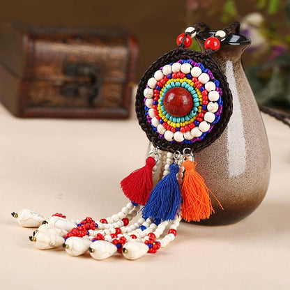 Buykud Colored Tassels And Turquoise Long Woven Necklace