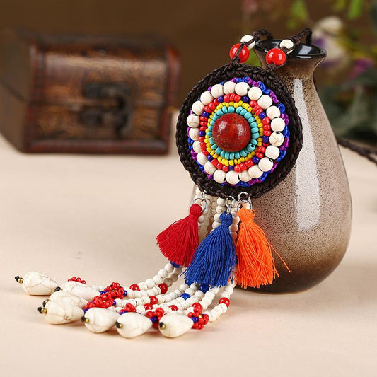 Buykud Colored Tassels And Turquoise Long Woven Necklace