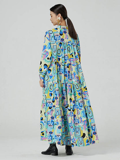 Original Abstract Printed Stand Collar Long Sleeves Midi Dress