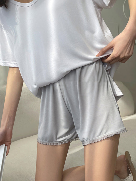 Simple Solid Color Split-Joint Lace Pajama Shorts