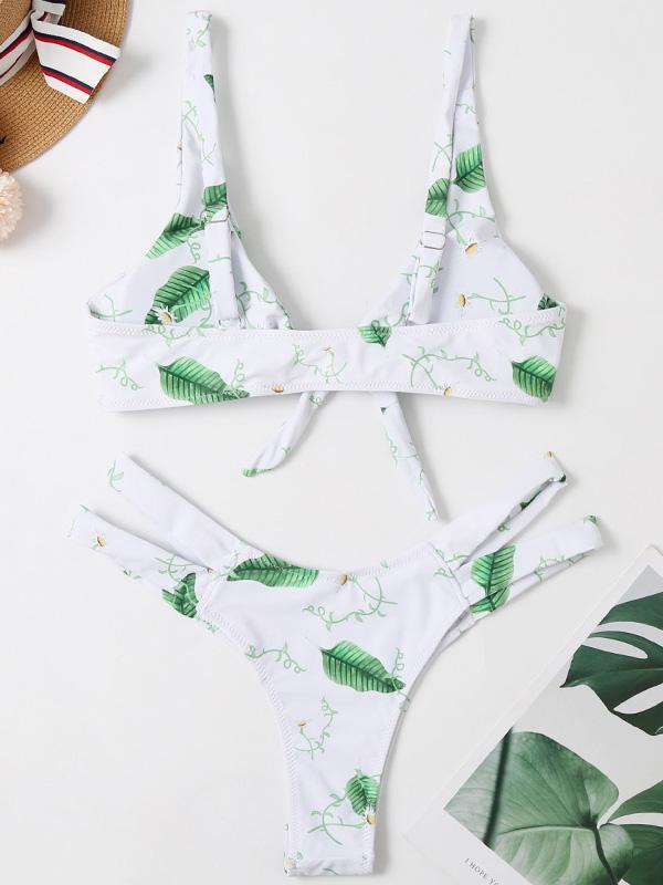 Printed Knotted Split Bikini Swimsuit
