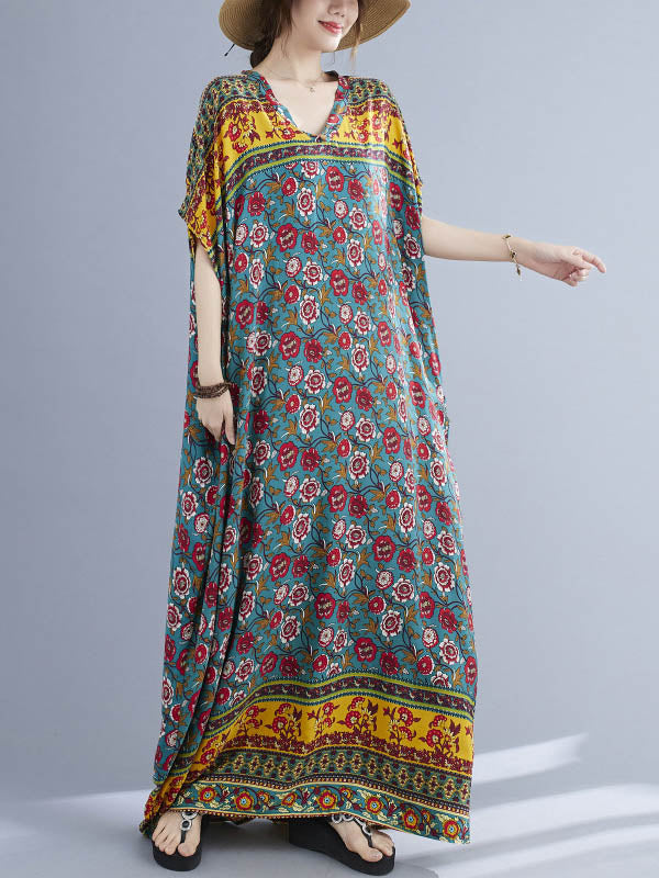Vacation Flower Print V-Neck Batwing Sleeve Maxi Dress